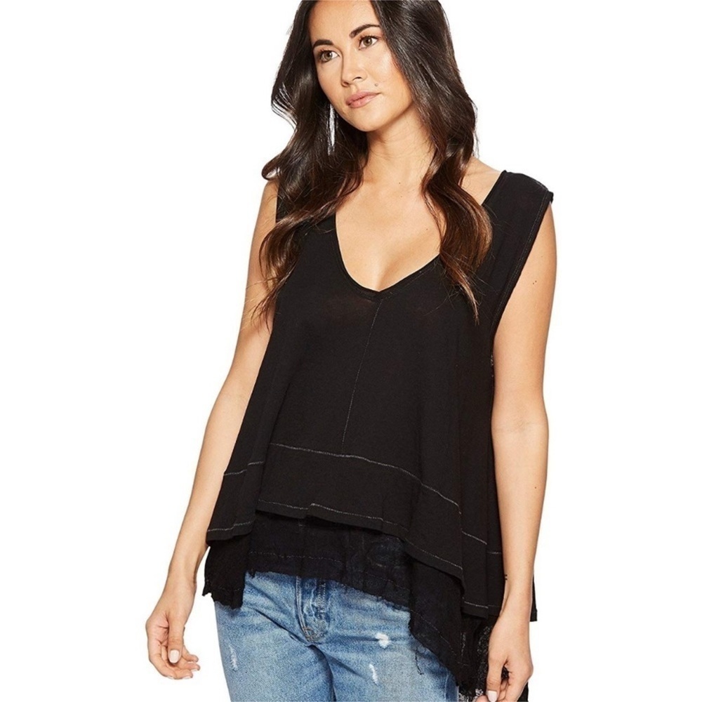 Free People Peachy Black Linen Blend Tank Top Size XS‎ Women